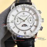 AAA replica new Patek Philippe white dial diamond bezel leather strap watch 